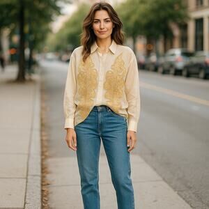 Melanie Barnhart Cream Sheer Embroidered Blouse Size Small Gold Design